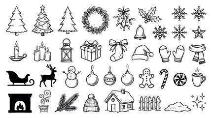 Obraz premium Large set of hand-drawn Christmas icons in a black and white doodle style showing various holiday symbols like trees, gifts, and snowflakes for festive winter designs