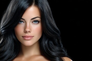 Fototapeta premium Close-up portrait of a beautiful woman with striking blue eyes and glossy black hair, radiating calm confidence against a dark background, ideal for beauty and fashion themes.