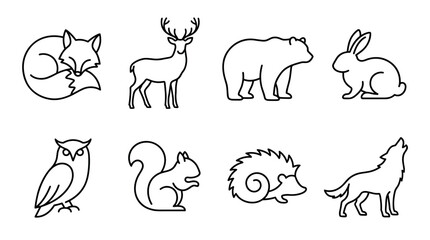 Fototapeta premium Set of forest animal line icons featuring a fox, deer, bear, rabbit, owl, squirrel, hedgehog, and wolf in a minimalist black and white outline vector graphic style
