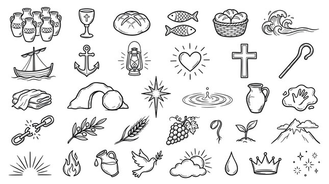 Set of hand-drawn Christian religious symbols and biblical icons in a black and white doodle style, featuring a cross, fish, bread, dove, anchor, and empty tomb
