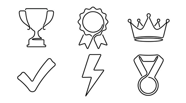 Set of six minimalist one-line icons including a trophy, medal, crown, and checkmark representing victory, success, and achievement in a simple black outline drawing style