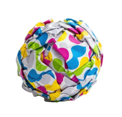 A colorful ball made of fabric with a pattern of various shapes and colors.