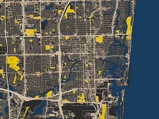 Obraz premium Flat city map of Fort Lauderdale, Florida in charcoal, ivory and ink-blue tones