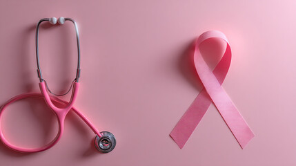 Awareness for breast cancer with pink ribbon and stethoscope on pink background