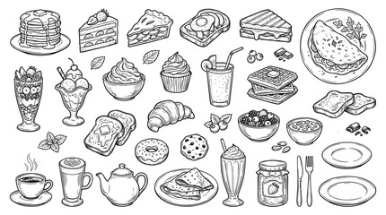 Large collection of hand-drawn breakfast and dessert food illustrations in a detailed black and white sketch style, featuring pancakes, waffles, coffee, and pastries
