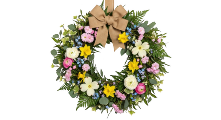 Spring floral wreath with burlap bow on black flowers