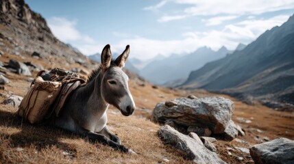 Fototapeta premium Resting donkey in rugged mountain landscape under clear blue sky