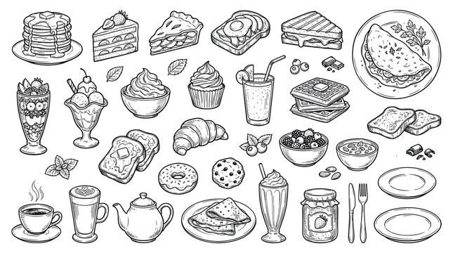 Large collection of hand-drawn breakfast and dessert food illustrations in a detailed black and white sketch style, featuring pancakes, waffles, coffee, and pastries