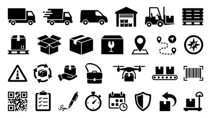 Large set of black glyph icons for logistics, shipping, and delivery services, including truck, drone, warehouse, and package symbols for e-commerce and transportation concepts