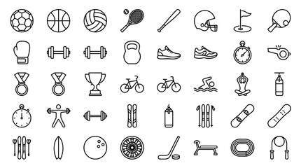 Sport and fitness thin line icon set featuring various athletic activities and equipment like balls, weights, and a trophy in a simple black and white minimalist graphic style