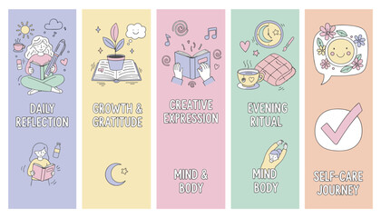 Illustrated banners of selfcare journey reflection gratitude creativity and mindful evening rituals