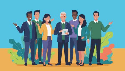 Diverse professional team stands welcomingly representing teamwork leadership and sustainable business goals