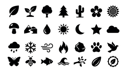 Fototapeta premium Large set of black nature icons representing plants, animals, weather, and the four elements in a simple, flat, minimalist vector style for graphic design