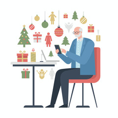 Senior man using smartphone for holiday online shopping surrounded by Christmas icons