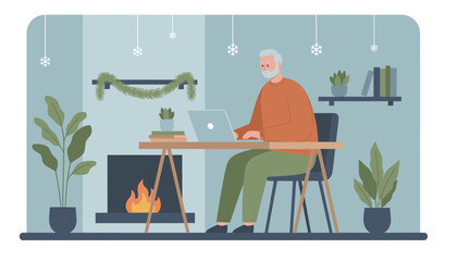Senior man working remotely on a laptop in a cozy festive winter home office by a warm fireplace