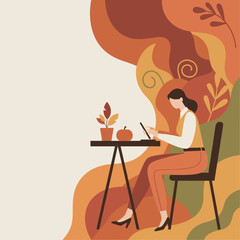 Woman working remotely on a tablet in an autumn setting with pumpkin decor