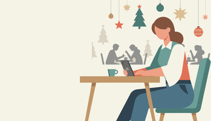 Woman working remotely on a phone in a cozy holidaydecorated cafe with ample copy space