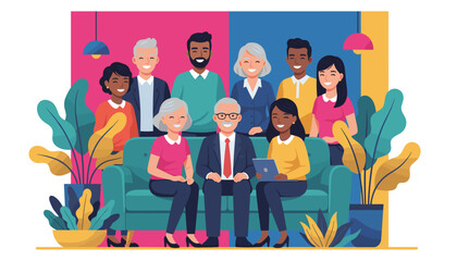 Diverse business team smiling on a sofa Multigenerational group collaboration and unity