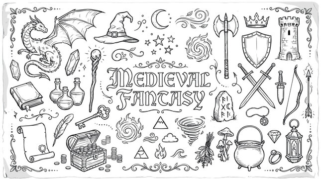 Large collection of medieval fantasy doodles featuring a dragon, wizard hat, knight's sword, castle tower, and magic elements in a hand-drawn sketch style illustration set