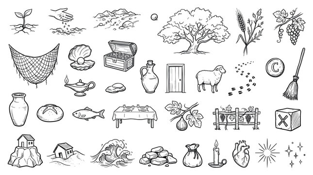 Large collection of hand-drawn biblical icons representing Christian parables and religious symbols in a black and white sketch style, including a sheep, fish, bread, and treasure
