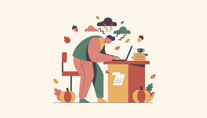 Burned out worker struggling with workload on a laptop during the autumn season Stressful deadline concept