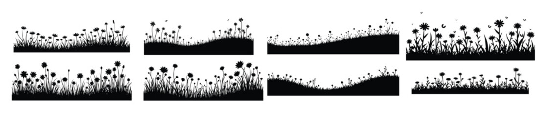 Black silhouettes of wildflowers and grass borders