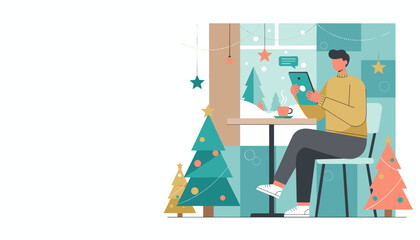 Man uses tablet in a cozy cafe decorated for winter holidays with hot drink and snow outside
