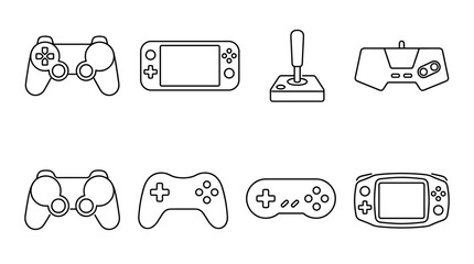 Collection of various video game controllers drawn in a simple black outline style, including gamepads, handheld consoles, and a classic joystick for retro and modern gaming concepts