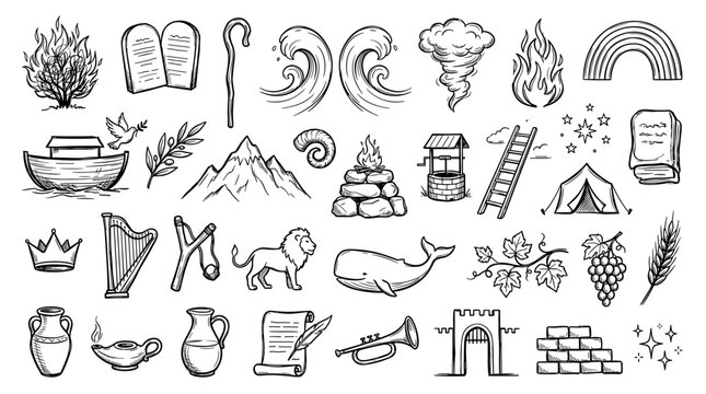 Large collection of hand-drawn biblical icons representing famous stories from the Old Testament in a simple black and white sketch style for religious and educational concepts