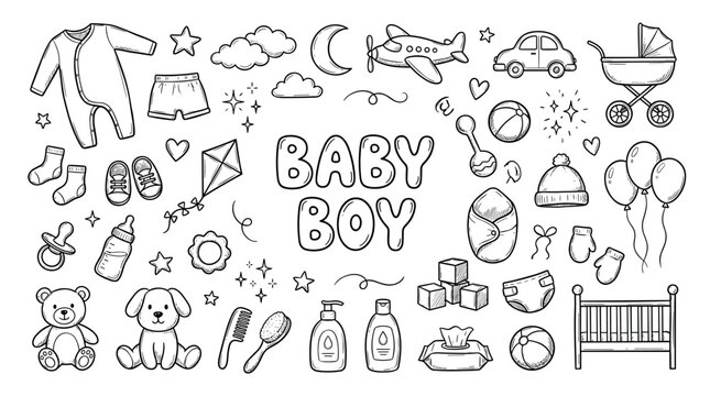 Hand-drawn baby boy doodle icon set with cute newborn clothes, toys, and care accessories in a charming sketch style for a baby shower or nursery theme