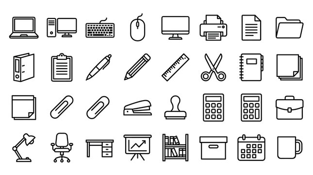 Large set of black outline office icons for business and stationery arranged in a grid, including computer, furniture, and document symbols in a minimalist linear style