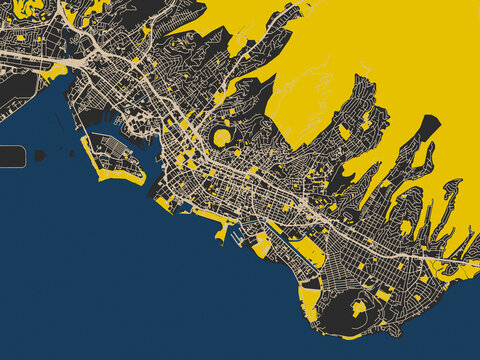 Poster-style map of Honolulu, Hawaii using charcoal, ivory and ink-blue tones