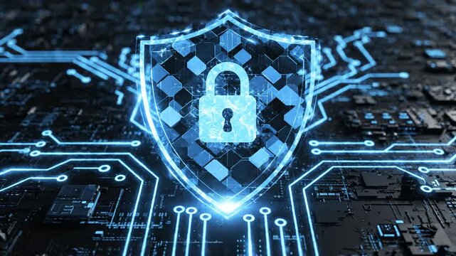 Digital Security Shield with Padlock and Circuit Board Network.