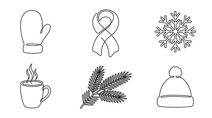 Set of six winter icons drawn in a continuous single line art style, including a mitten, scarf, snowflake, hot drink, fir branch, and beanie hat for a cozy seasonal concept