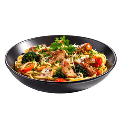 Appetizing dish of pasta with sliced grilled chicken, broccoli, and tomatoes in a black bowl against a dark background.