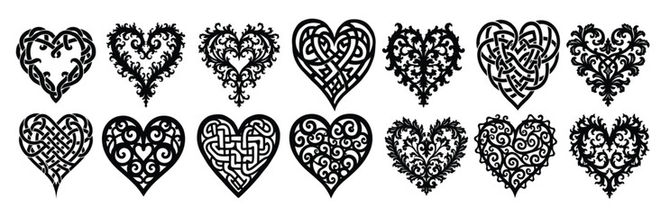Collection of black ornate heart shapes with filigree and knotwork