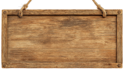 Close-up of a rustic wooden sign with a rope for hanging, showing the natural wood grain.
