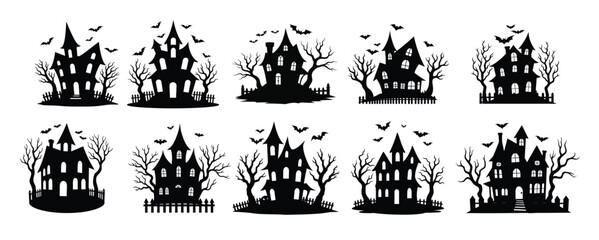 Collection of black silhouette haunted houses with bats and bare trees