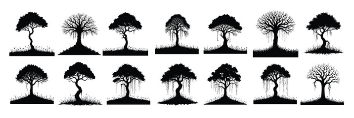 Collection of black silhouette trees with hanging vines and grass