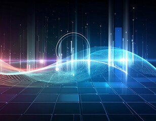 Abstract digital landscape with glowing data waves and light beams on a grid background, representing technology and data visualization.