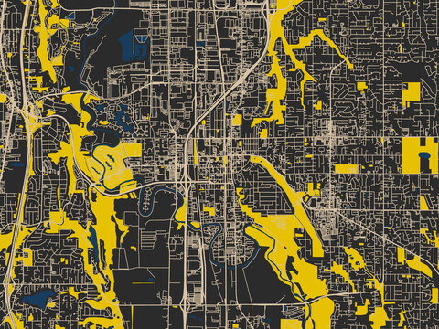 Abstract city map of Kent, Washington with charcoal base with cream streets