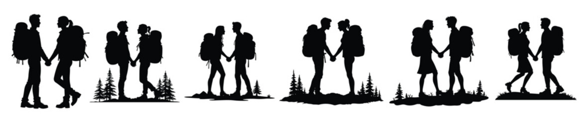 Couples holding hands with backpacks on white background