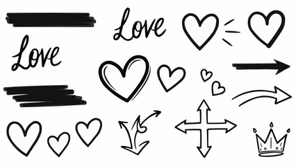 Hand drawn doodle elements set with hearts arrows and crowns.