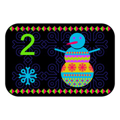 Neon colors Norwegian advent calendar illustration in flat vector style with celebrate symbol and ethnic ornament. Snowman