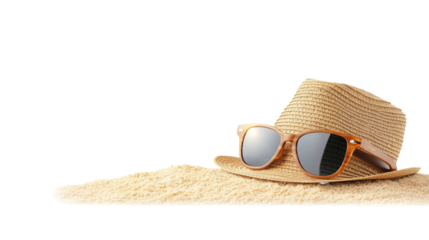 Straw Hat and Sunglasses on Sand Background