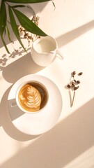 A beautifully crafted latte with art, accompanied by coffee beans and a creamer, bathed in natural sunlight on a clean white surface.