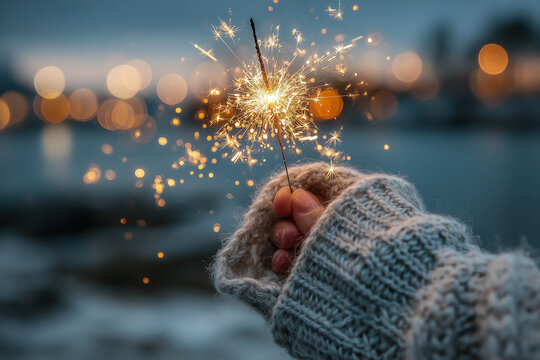 Person hand wearing cozy grey knitted glove holding burning sparkler firework with golden bokeh lights background for winter celebration concept - Powered by Adobe