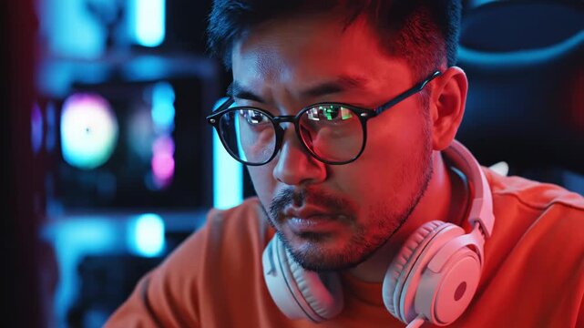 Young man with glasses and headphones working on a computer
