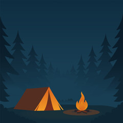 cozy campsite with glowing campfire and tent in dark pine forest