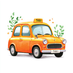 Watercolor Orange Taxi Car Illustration